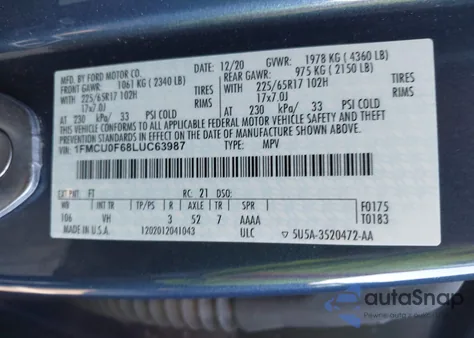 2020 Ford Escape S из США, поврежденный, VIN 1FMCU0F68LUC63987